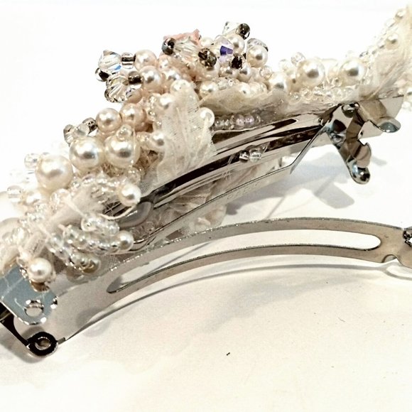 Vintage Hand Beaded French Hair Barrette/Hair Clip White Pearls Crystal Fringe main image 4